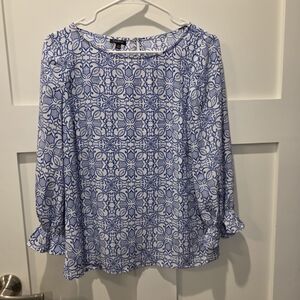NWT Talbots Women's XS Blue Geometric Tile Design Long Sleeve Blouse Feminine